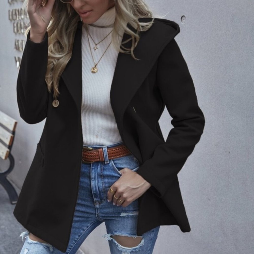 Black hoodie double breasted fall button pea coat